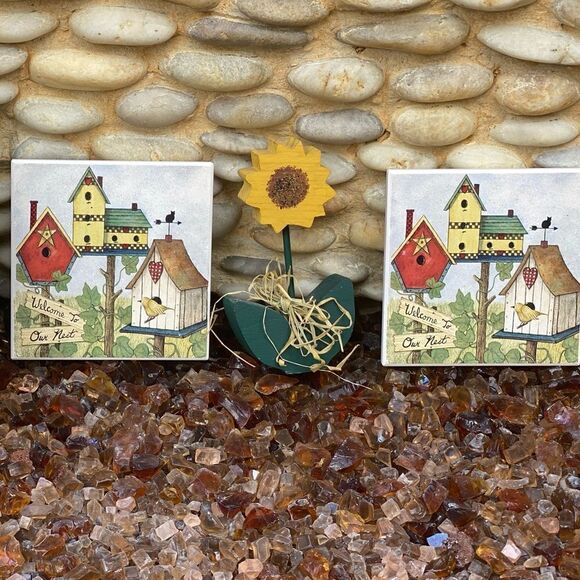 🏡FOUR STONE ART ABSORBENT COASTERS “Welcome to Our Nest” & birdhouse motif. New - Picture 1 of 5